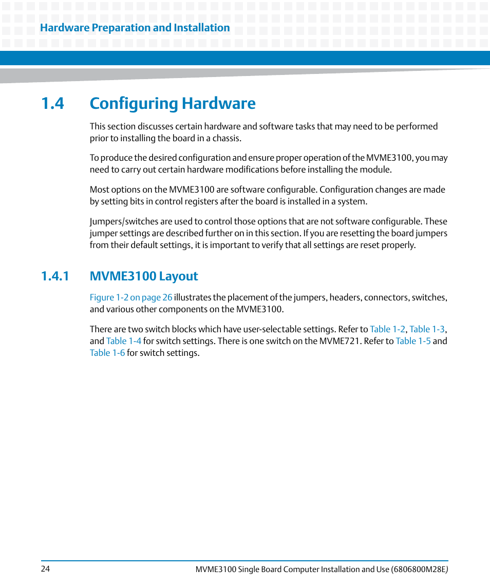 4 configuring hardware, 1 mvme3100 layout, Mvme3100 layout | Artesyn MVME3100 Single Board Computer Installation and Use (June 2014) User Manual | Page 24 / 156