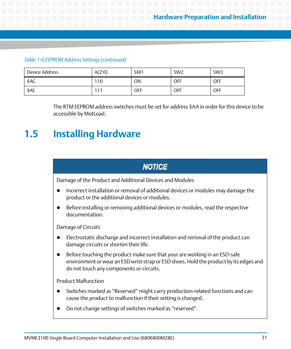 5 installing hardware, 4 installing hardware, Hardware preparation and installation | Artesyn MVME3100 Single Board Computer Installation and Use (June 2014) User Manual | Page 31 / 156