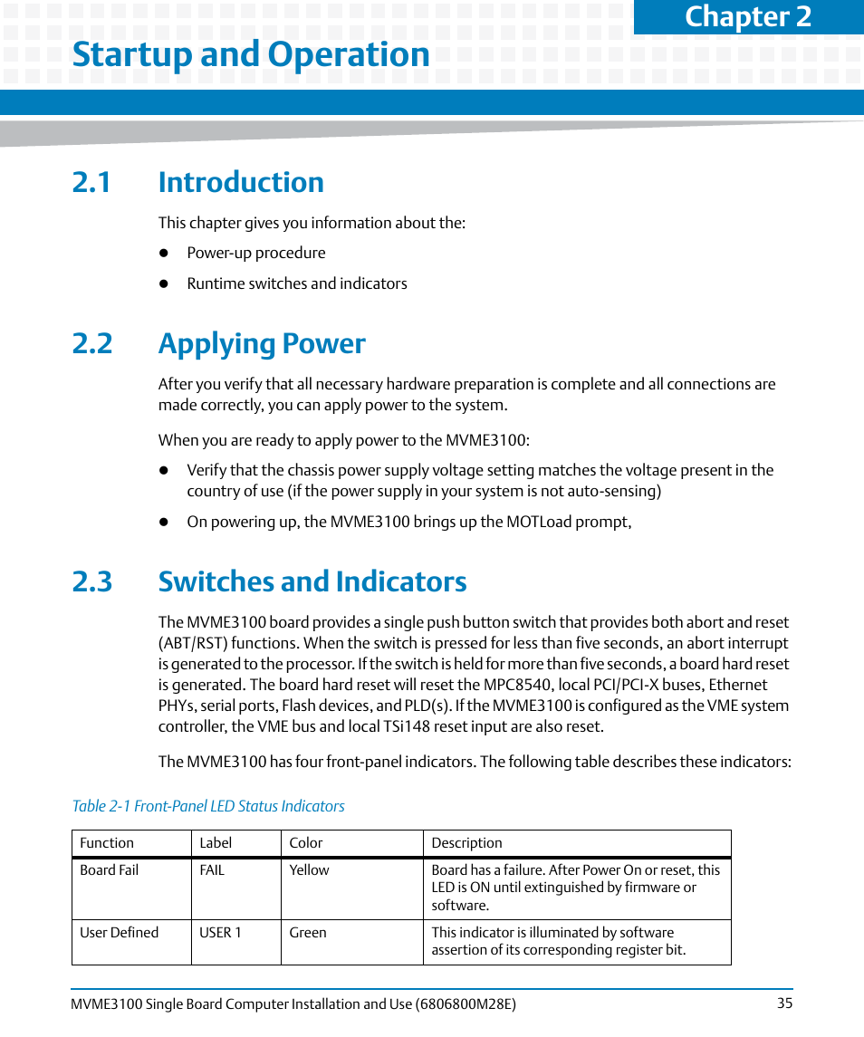 Startup and operation, 1 introduction, 2 applying power | 3 switches and indicators, Table 2-1, Front-panel led status indicators, Chapter 2 | Artesyn MVME3100 Single Board Computer Installation and Use (June 2014) User Manual | Page 35 / 156