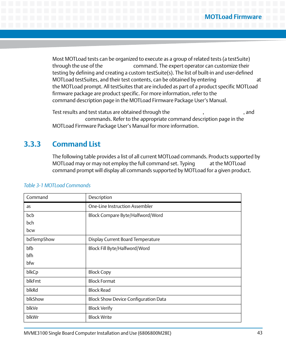 3 command list, Table 3-1, Motload commands | Motload firmware | Artesyn MVME3100 Single Board Computer Installation and Use (June 2014) User Manual | Page 43 / 156