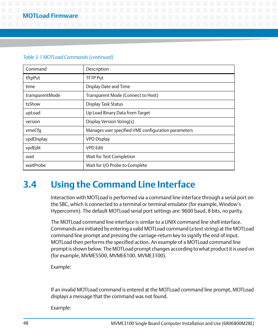 4 using the command line interface, Motload firmware | Artesyn MVME3100 Single Board Computer Installation and Use (June 2014) User Manual | Page 48 / 156