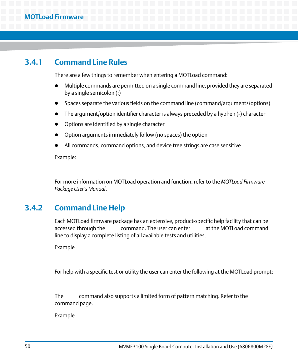 1 command line rules, 2 command line help, 1 command line rules 3.4.2 command line help | Motload firmware | Artesyn MVME3100 Single Board Computer Installation and Use (June 2014) User Manual | Page 50 / 156