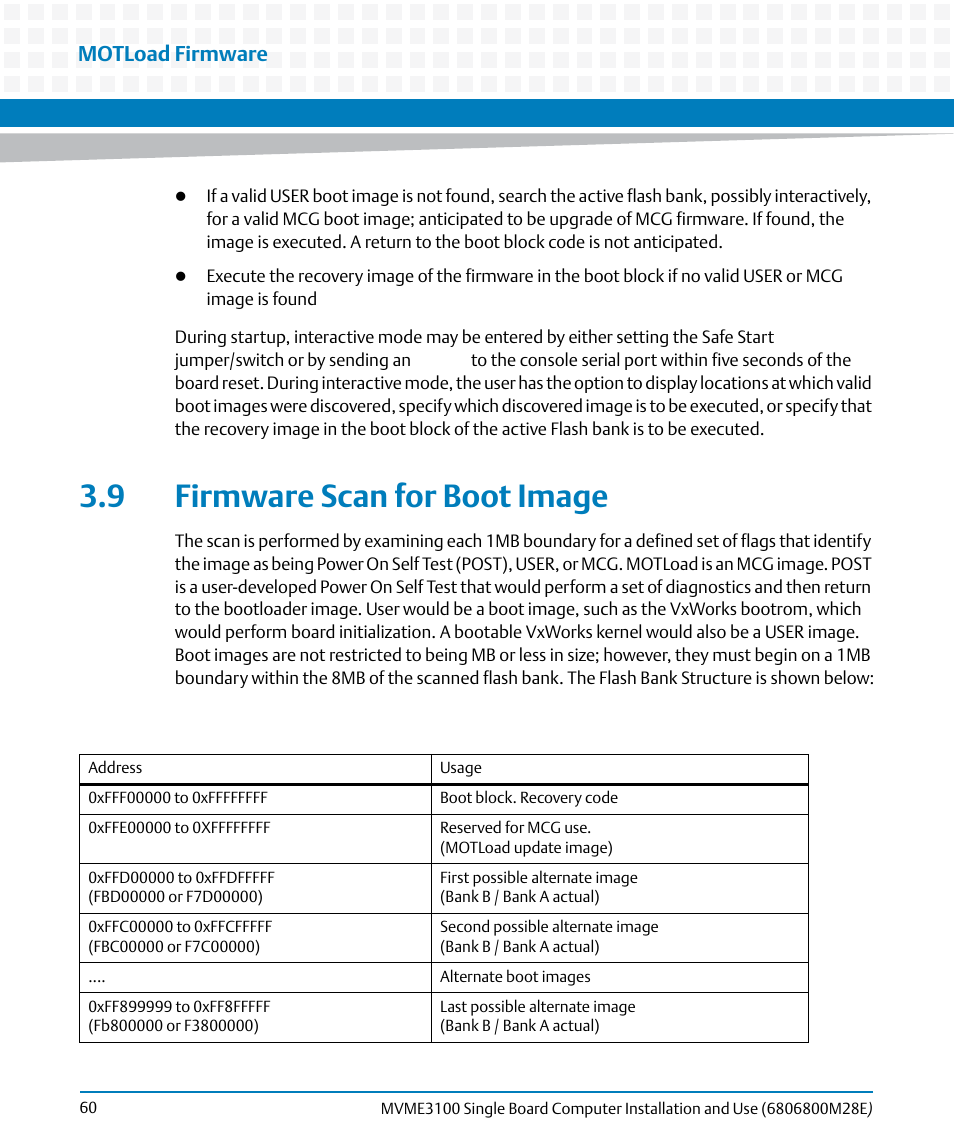 9 firmware scan for boot image, Motload firmware | Artesyn MVME3100 Single Board Computer Installation and Use (June 2014) User Manual | Page 60 / 156