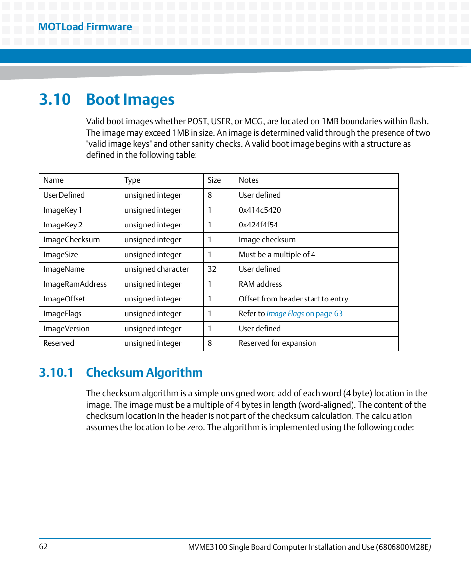 10 boot images, 1 checksum algorithm, Motload firmware | Artesyn MVME3100 Single Board Computer Installation and Use (June 2014) User Manual | Page 62 / 156