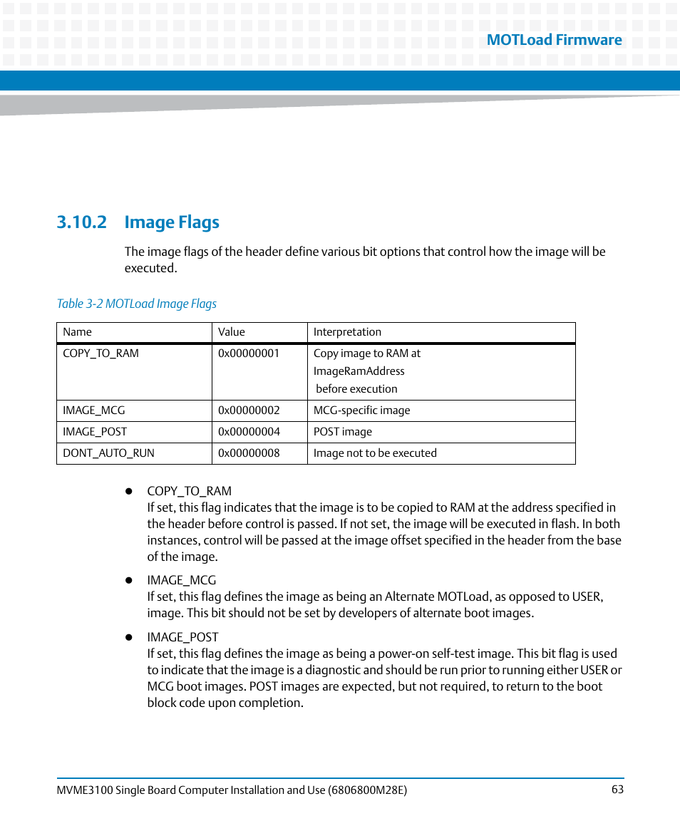 2 image flags, Table 3-2, Motload image flags | Motload firmware | Artesyn MVME3100 Single Board Computer Installation and Use (June 2014) User Manual | Page 63 / 156