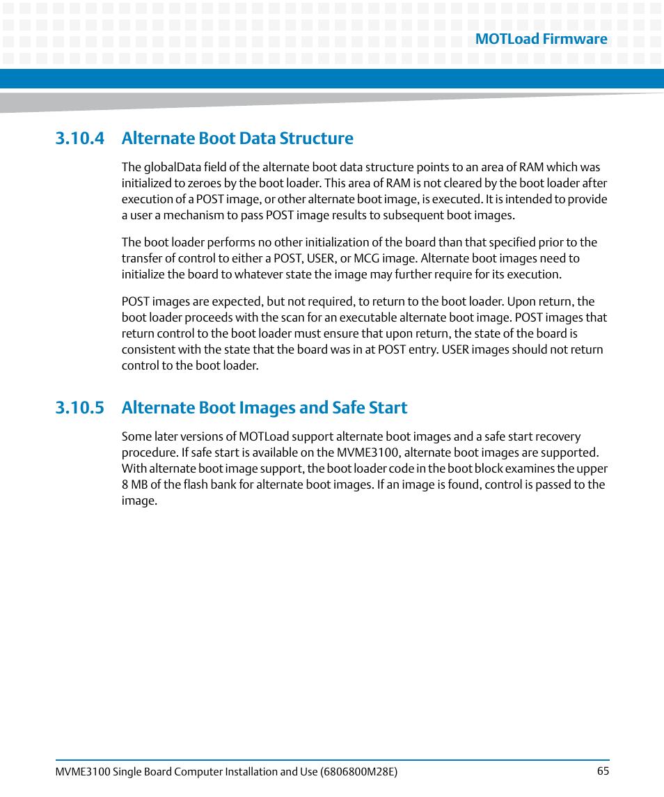 4 alternate boot data structure, 5 alternate boot images and safe start | Artesyn MVME3100 Single Board Computer Installation and Use (June 2014) User Manual | Page 65 / 156