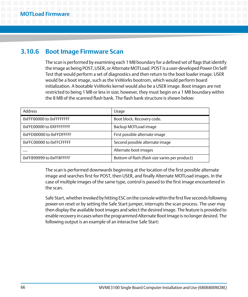 6 boot image firmware scan, Motload firmware | Artesyn MVME3100 Single Board Computer Installation and Use (June 2014) User Manual | Page 66 / 156