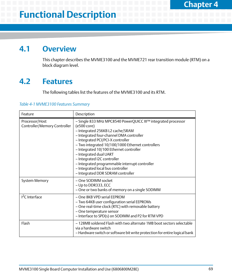 Functional description, 1 overview, 2 features | 1 overview 4.2 features, Table 4-1, Mvme3100 features summary, Chapter 4 | Artesyn MVME3100 Single Board Computer Installation and Use (June 2014) User Manual | Page 69 / 156