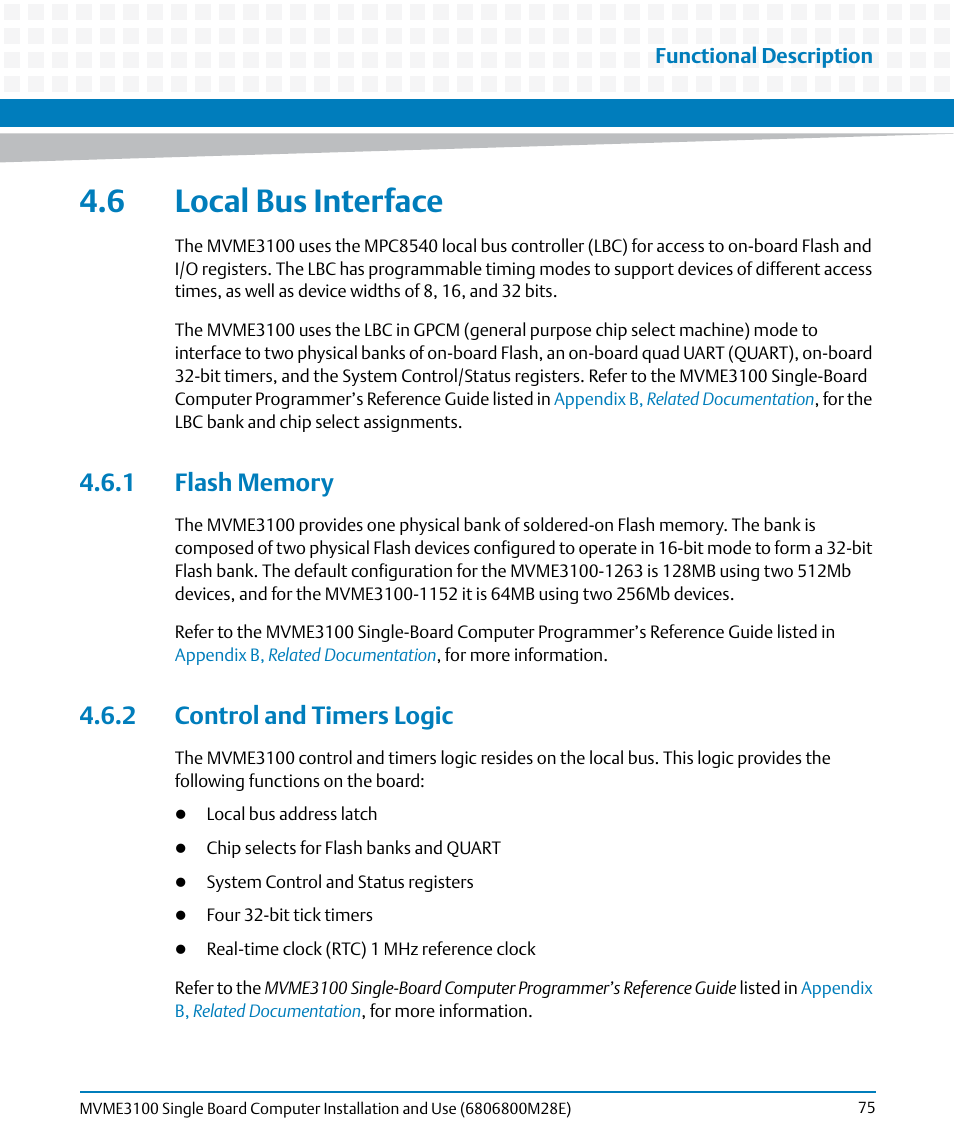 6 local bus interface, 1 flash memory, 2 control and timers logic | 1 flash memory 4.6.2 control and timers logic | Artesyn MVME3100 Single Board Computer Installation and Use (June 2014) User Manual | Page 75 / 156