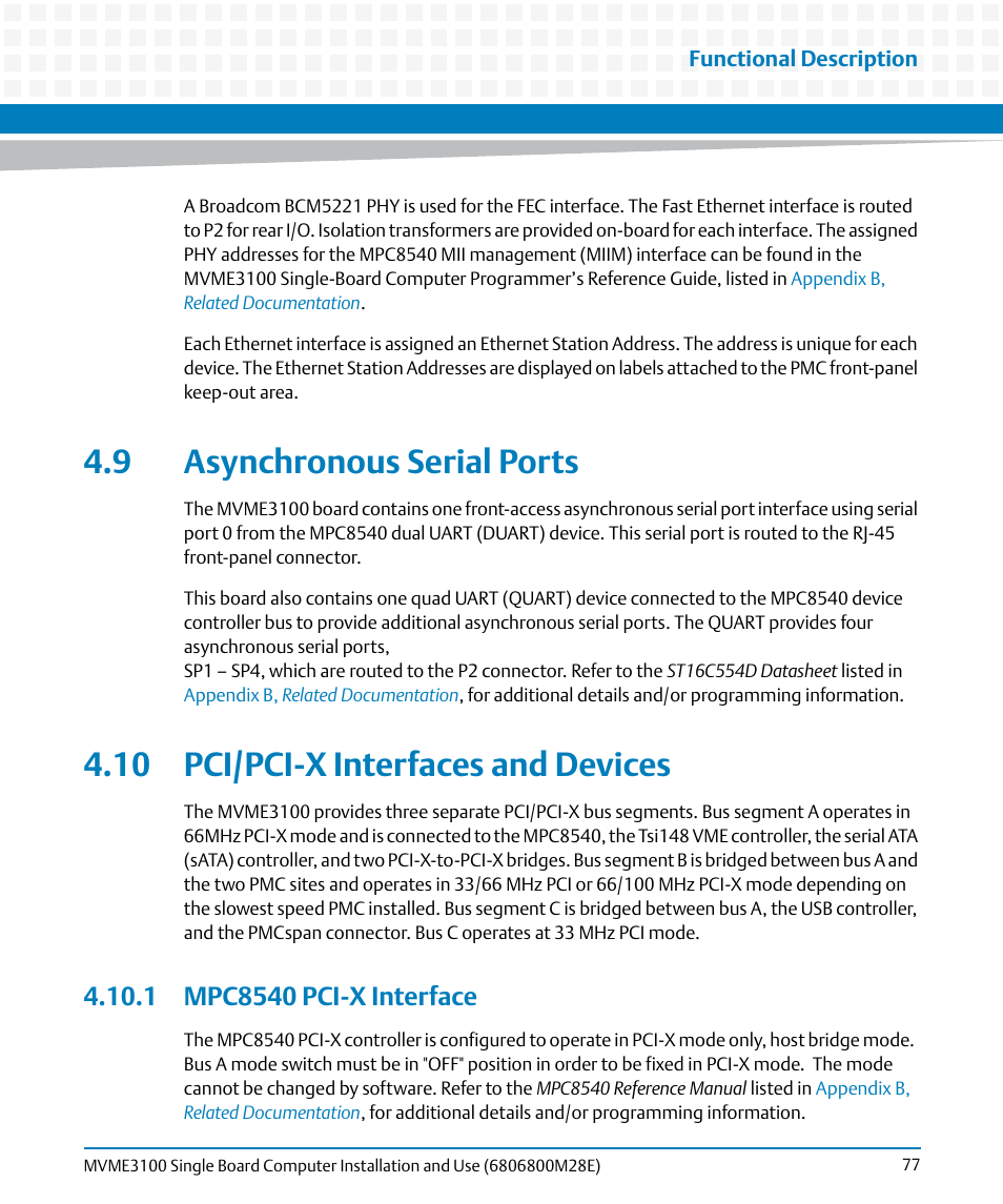 9 asynchronous serial ports, 10 pci/pci-x interfaces and devices, 1 mpc8540 pci-x interface | Artesyn MVME3100 Single Board Computer Installation and Use (June 2014) User Manual | Page 77 / 156