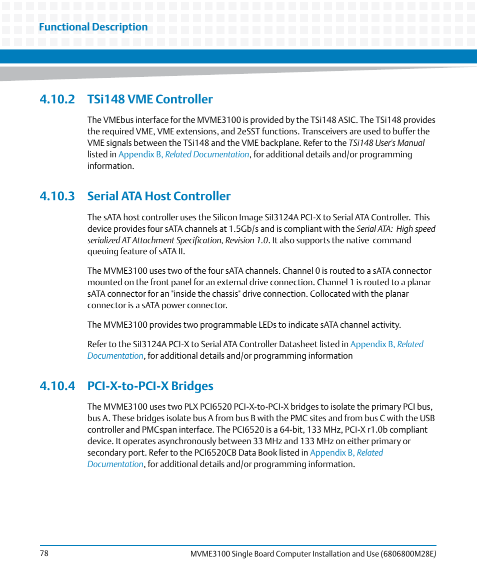2 tsi148 vme controller, 3 serial ata host controller, 4 pci-x-to-pci-x bridges | Artesyn MVME3100 Single Board Computer Installation and Use (June 2014) User Manual | Page 78 / 156