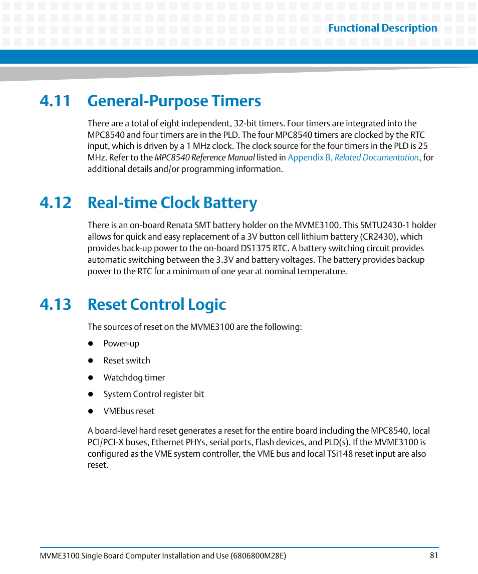 11 general-purpose timers, 12 real-time clock battery, 13 reset control logic | Artesyn MVME3100 Single Board Computer Installation and Use (June 2014) User Manual | Page 81 / 156
