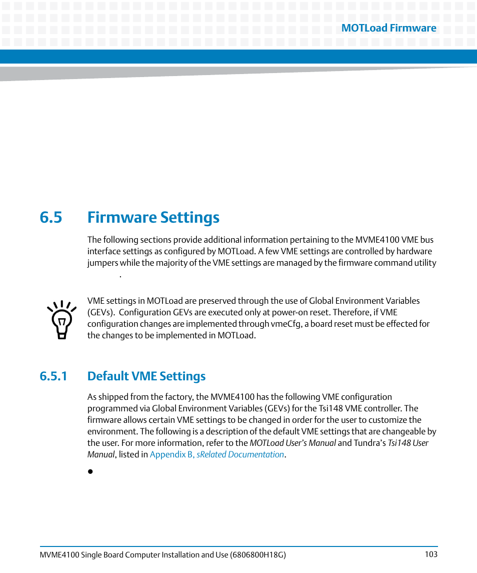 5 firmware settings, 1 default vme settings, Motload firmware | Artesyn MVME4100 Single Board Computer Installation and Use (June 2014) User Manual | Page 103 / 136