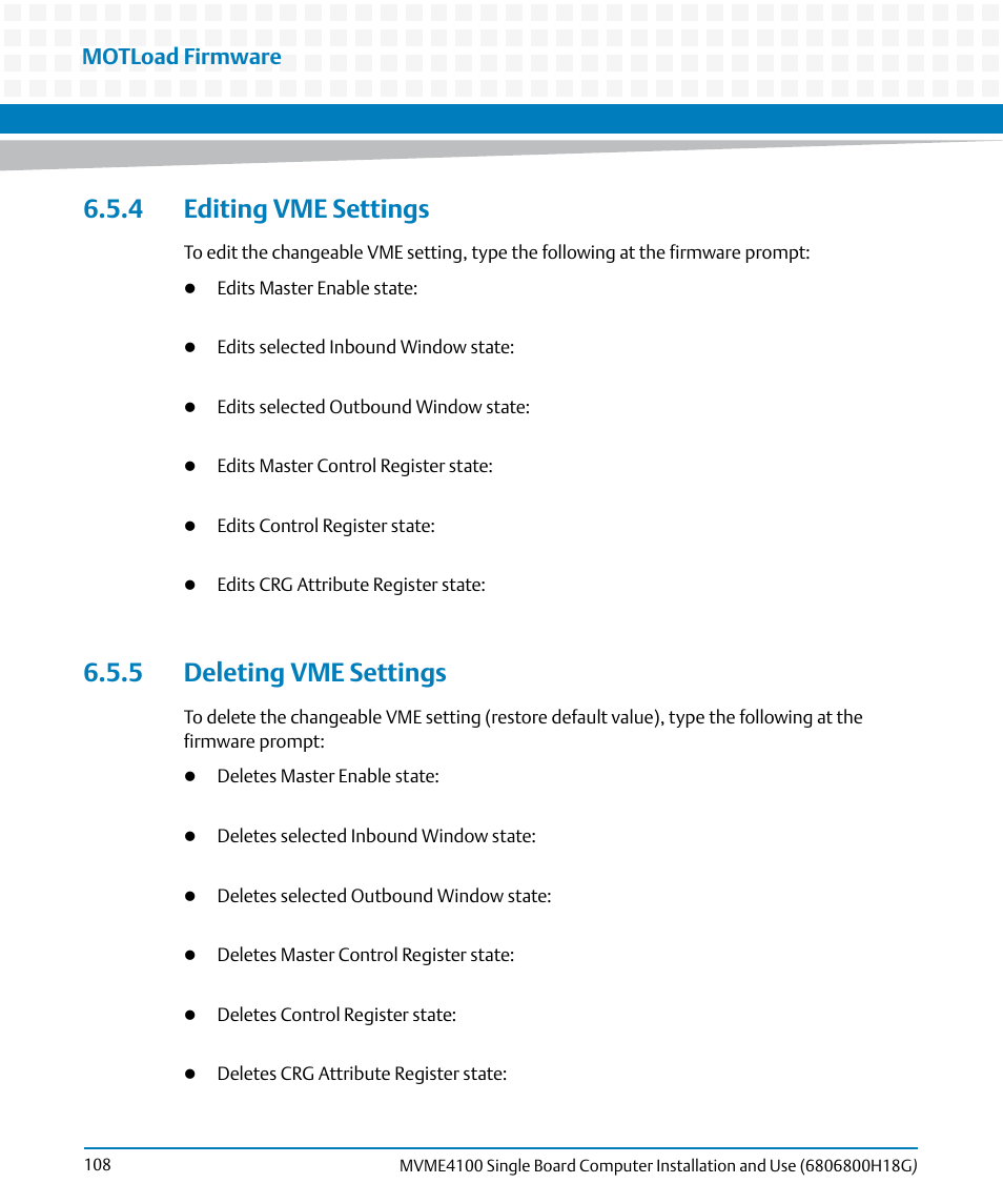 4 editing vme settings, 5 deleting vme settings, 4 editing vme settings 6.5.5 deleting vme settings | Motload firmware | Artesyn MVME4100 Single Board Computer Installation and Use (June 2014) User Manual | Page 108 / 136
