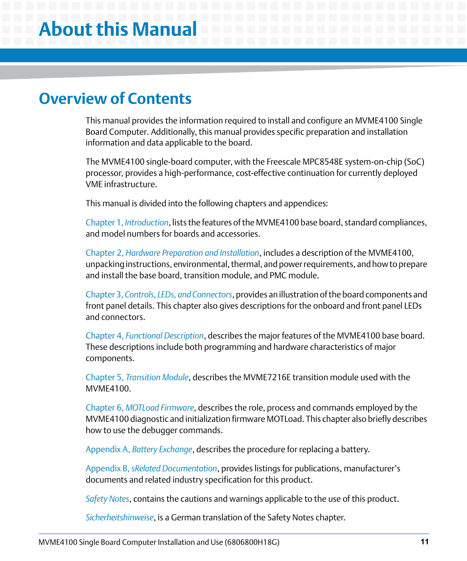 About this manual, Overview of contents | Artesyn MVME4100 Single Board Computer Installation and Use (June 2014) User Manual | Page 11 / 136