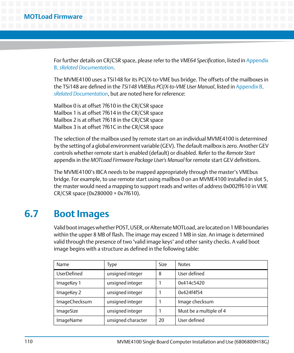 7 boot images, Motload firmware | Artesyn MVME4100 Single Board Computer Installation and Use (June 2014) User Manual | Page 110 / 136