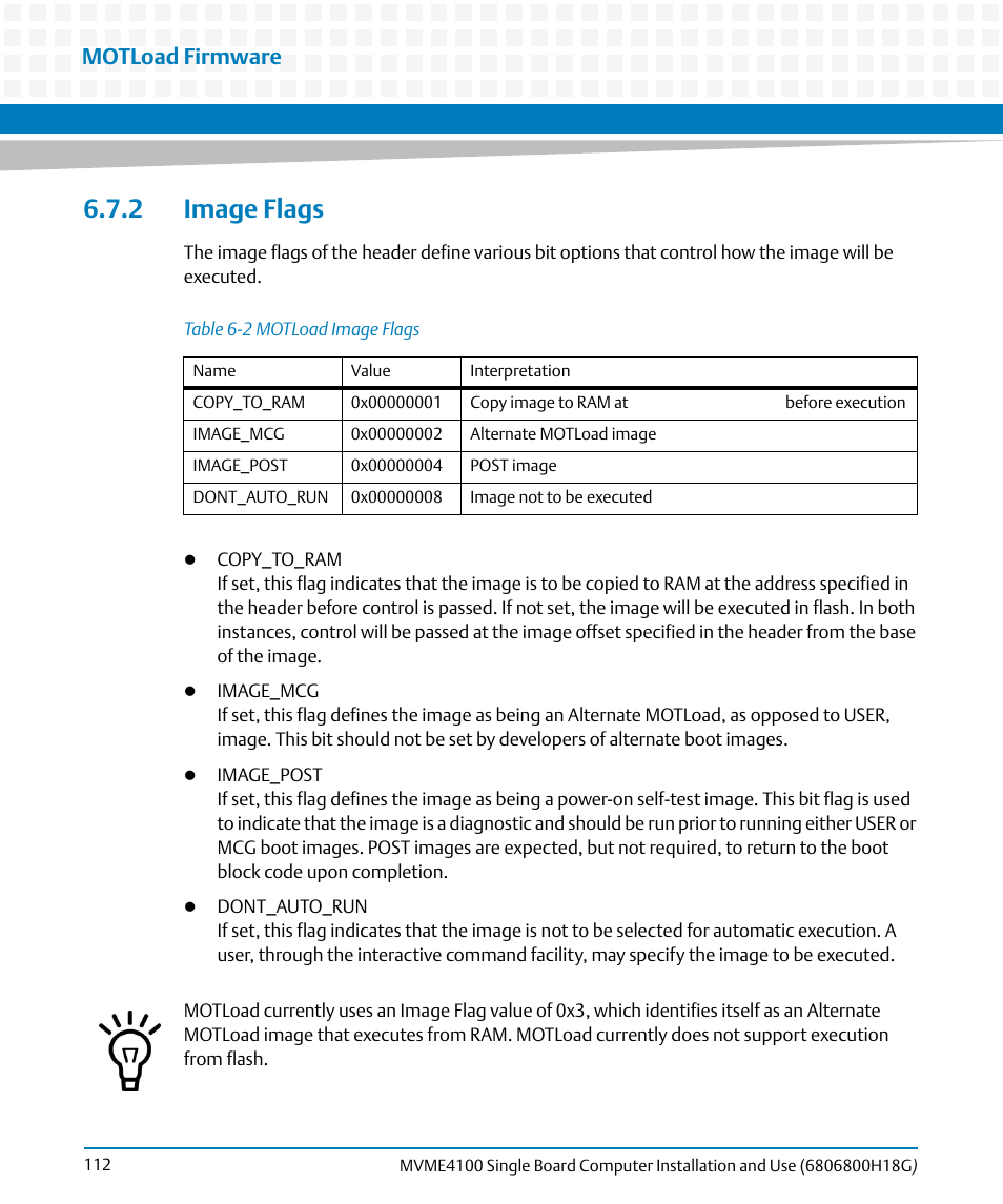 2 image flags, Table 6-2, Motload image flags | Motload firmware | Artesyn MVME4100 Single Board Computer Installation and Use (June 2014) User Manual | Page 112 / 136