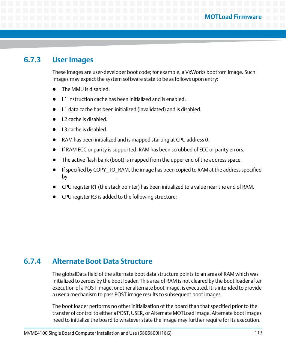 3 user images, 4 alternate boot data structure, 3 user images 6.7.4 alternate boot data structure | Motload firmware | Artesyn MVME4100 Single Board Computer Installation and Use (June 2014) User Manual | Page 113 / 136