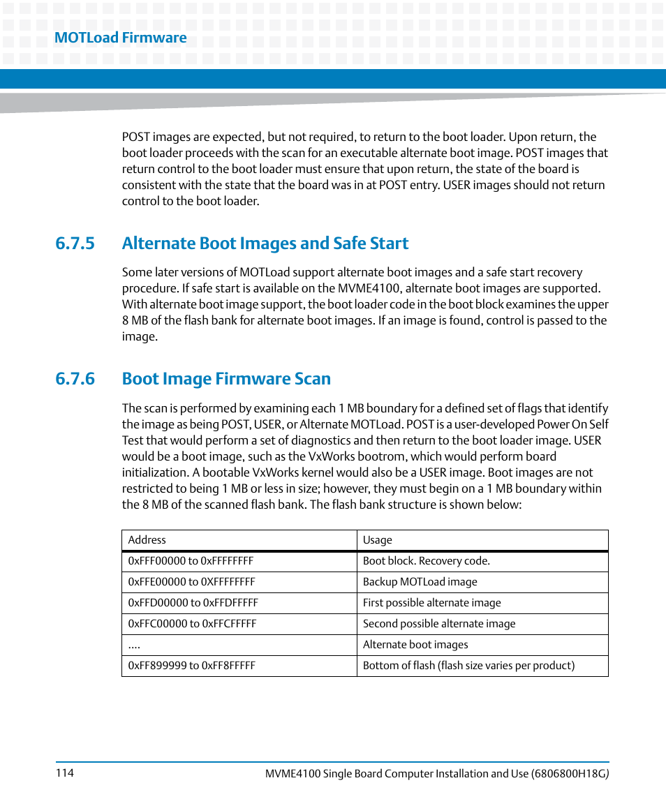 5 alternate boot images and safe start, 6 boot image firmware scan, Motload firmware | Artesyn MVME4100 Single Board Computer Installation and Use (June 2014) User Manual | Page 114 / 136