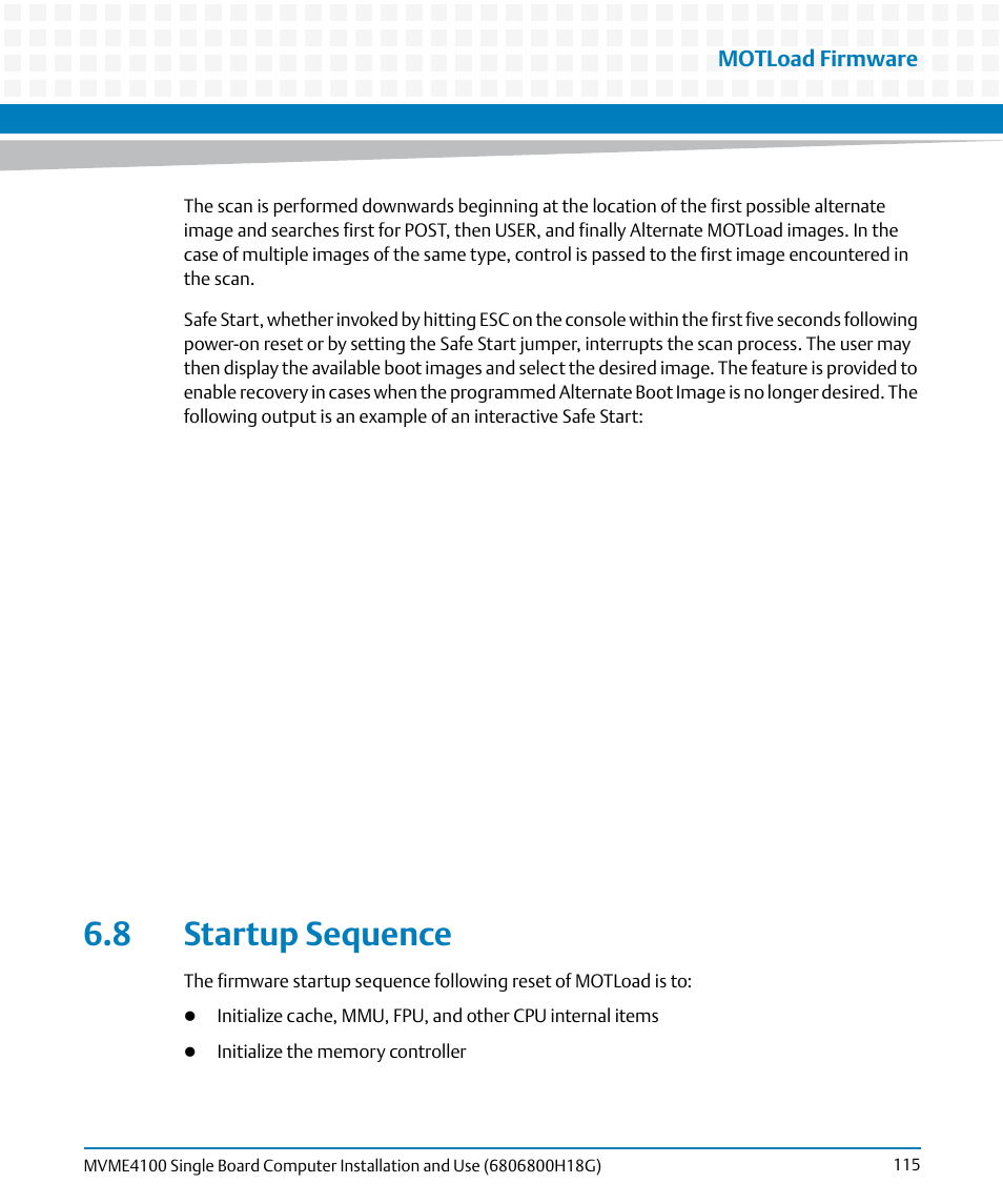 8 startup sequence, Motload firmware | Artesyn MVME4100 Single Board Computer Installation and Use (June 2014) User Manual | Page 115 / 136