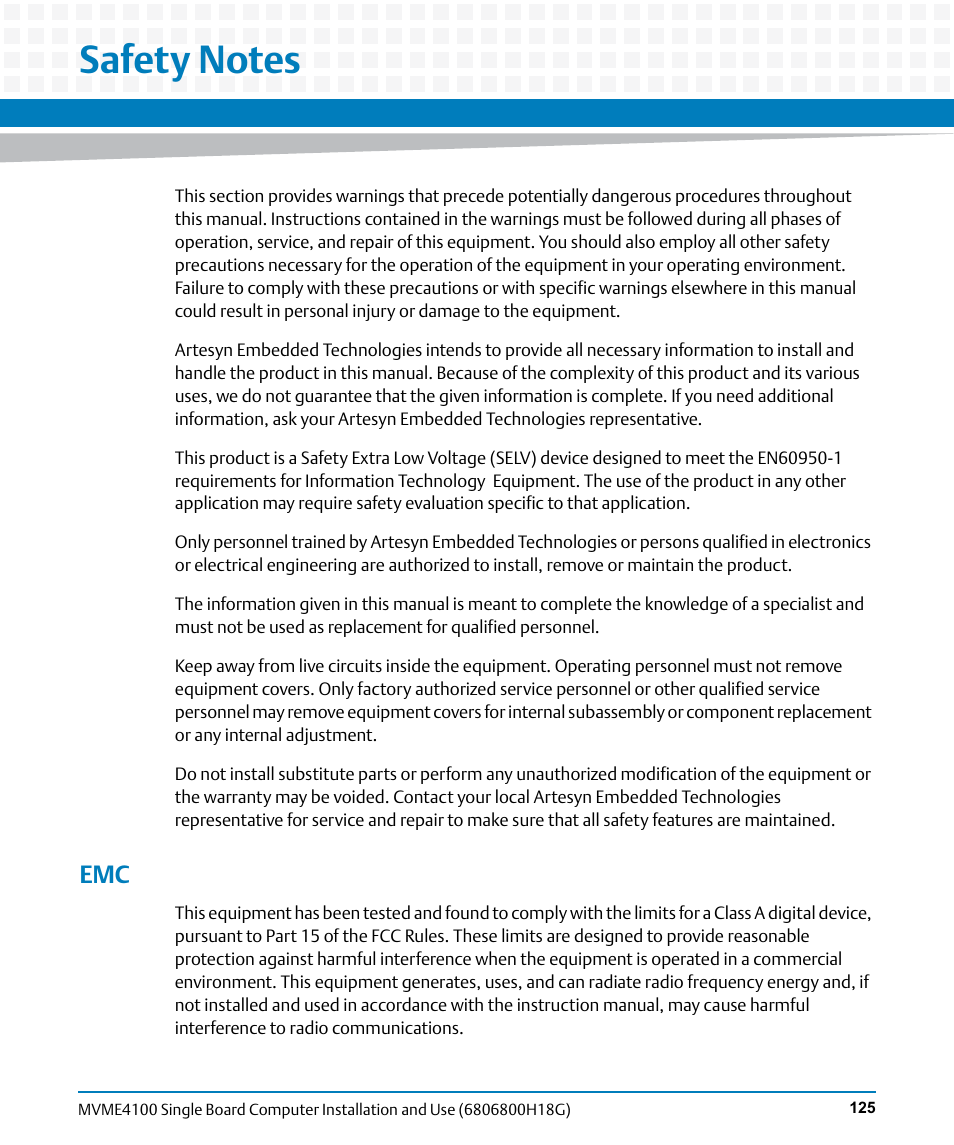 Safety notes | Artesyn MVME4100 Single Board Computer Installation and Use (June 2014) User Manual | Page 125 / 136