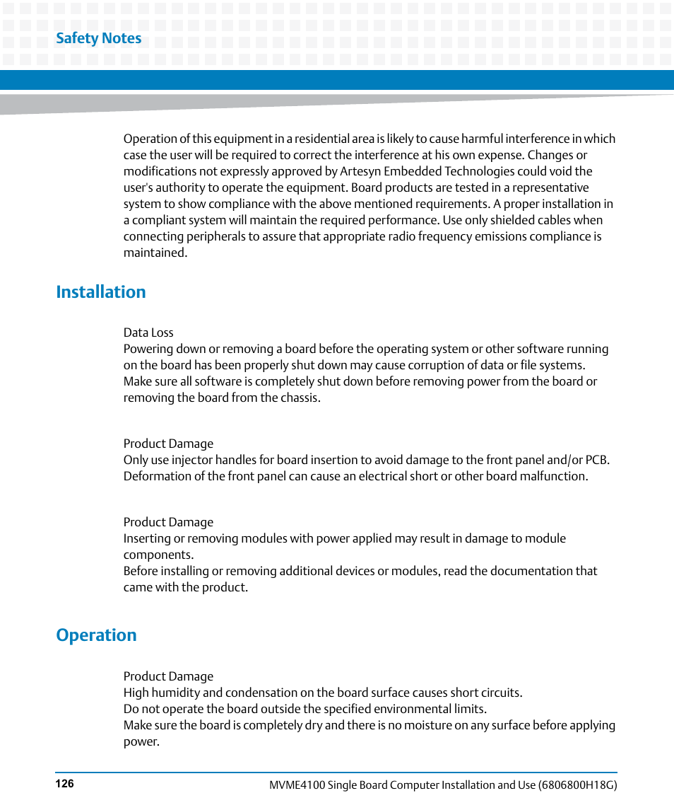 Installation, Operation | Artesyn MVME4100 Single Board Computer Installation and Use (June 2014) User Manual | Page 126 / 136