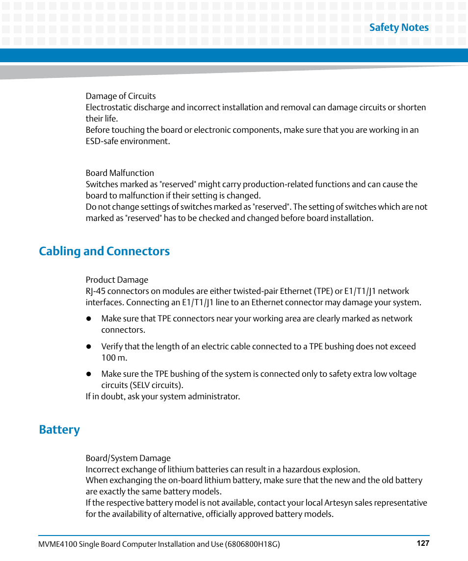 Cabling and connectors, Battery | Artesyn MVME4100 Single Board Computer Installation and Use (June 2014) User Manual | Page 127 / 136