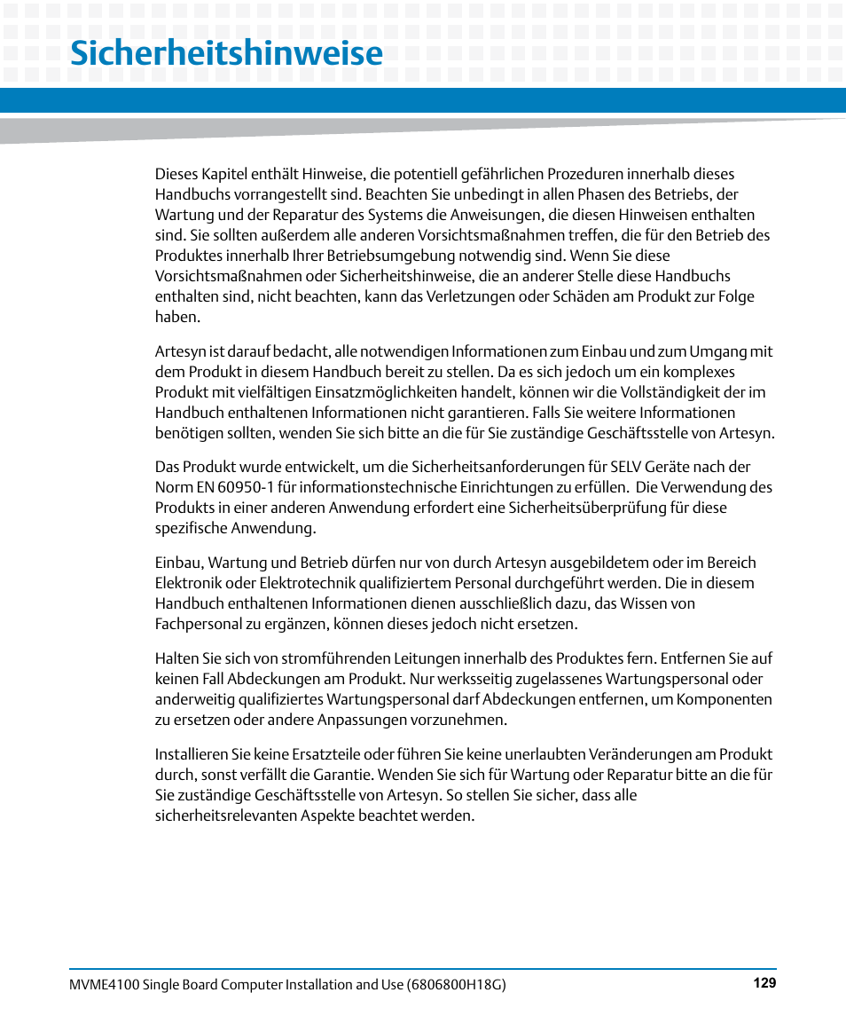 Sicherheitshinweise, Is a ge | Artesyn MVME4100 Single Board Computer Installation and Use (June 2014) User Manual | Page 129 / 136