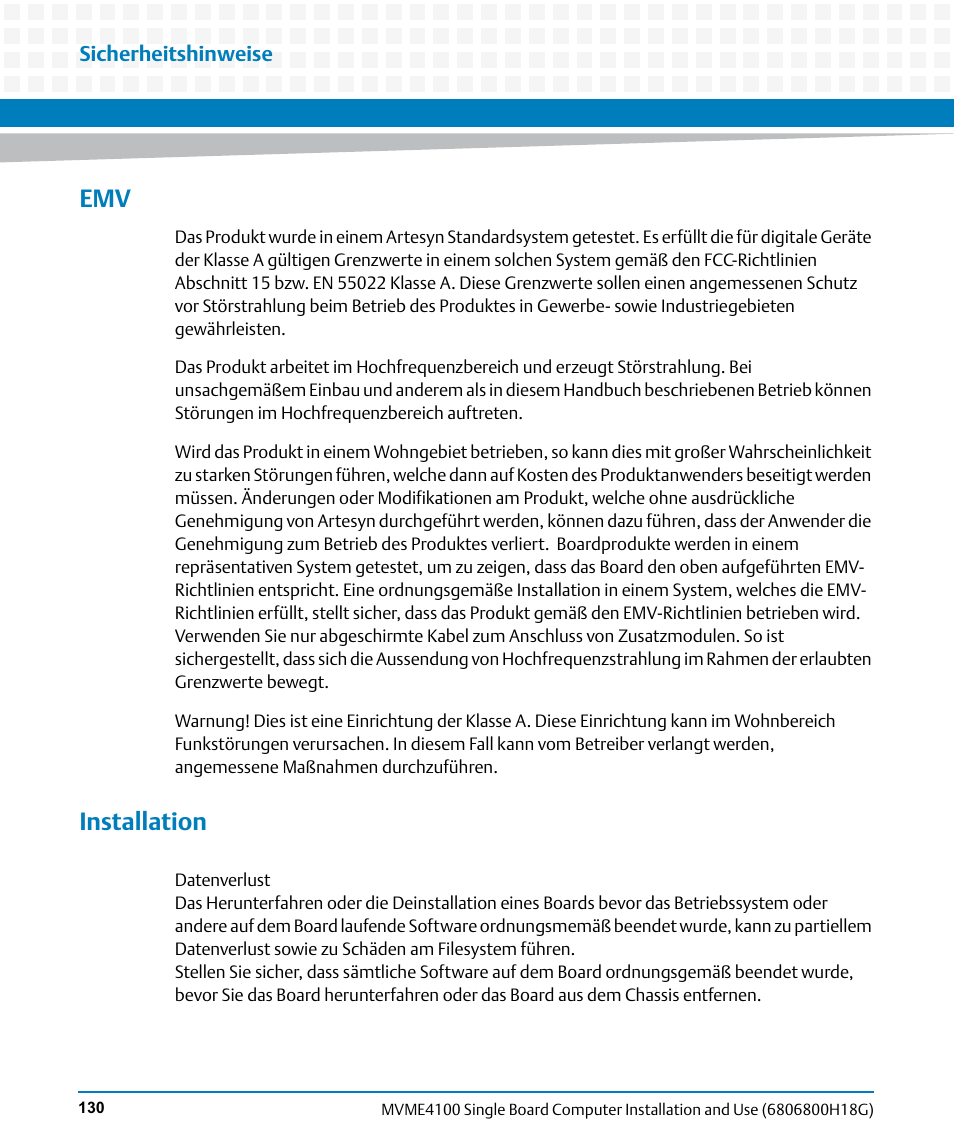 Installation | Artesyn MVME4100 Single Board Computer Installation and Use (June 2014) User Manual | Page 130 / 136