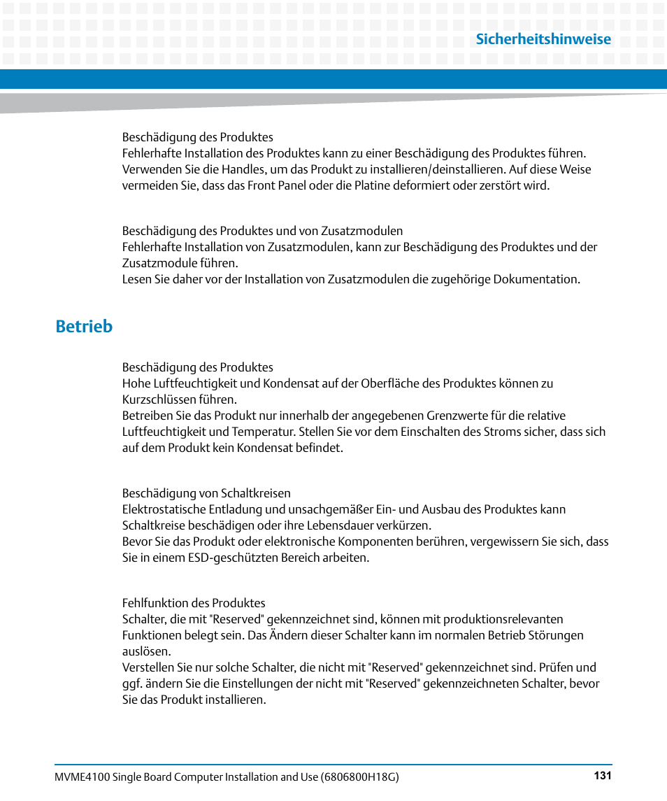 Betrieb, Sicherheitshinweise | Artesyn MVME4100 Single Board Computer Installation and Use (June 2014) User Manual | Page 131 / 136