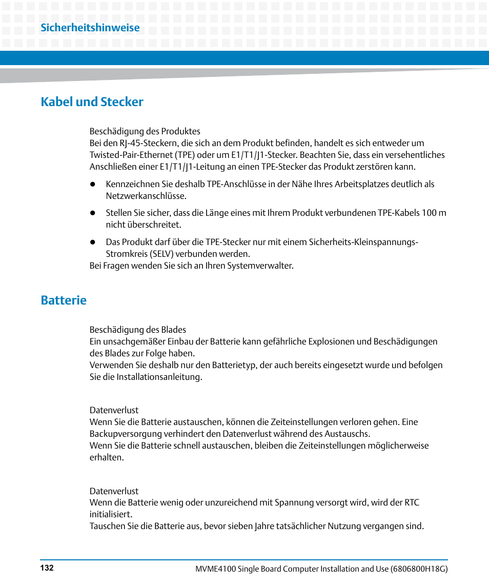 Kabel und stecker, Batterie, Sicherheitshinweise | Artesyn MVME4100 Single Board Computer Installation and Use (June 2014) User Manual | Page 132 / 136
