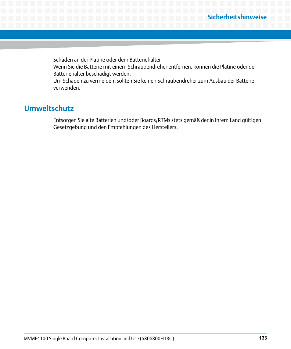 Umweltschutz | Artesyn MVME4100 Single Board Computer Installation and Use (June 2014) User Manual | Page 133 / 136