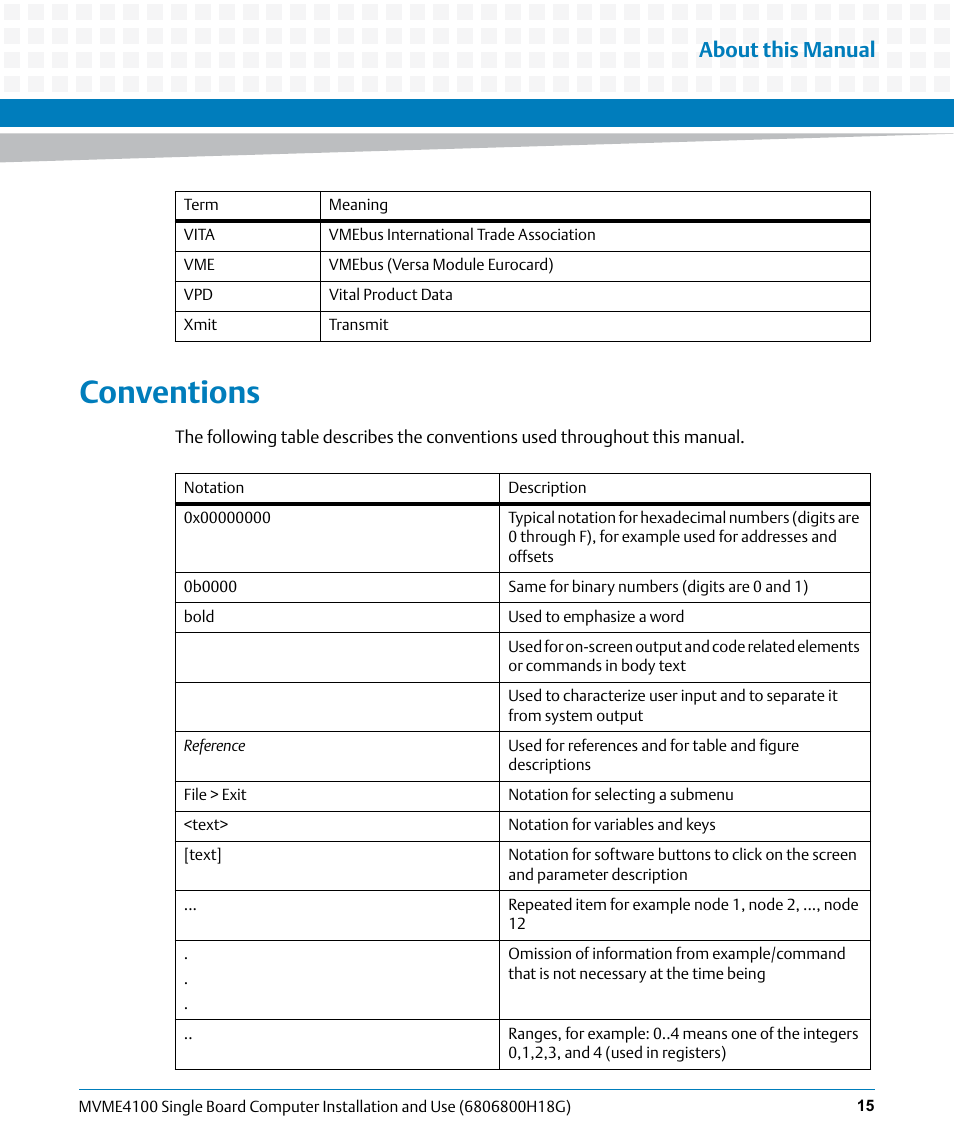 Conventions, About this manual | Artesyn MVME4100 Single Board Computer Installation and Use (June 2014) User Manual | Page 15 / 136