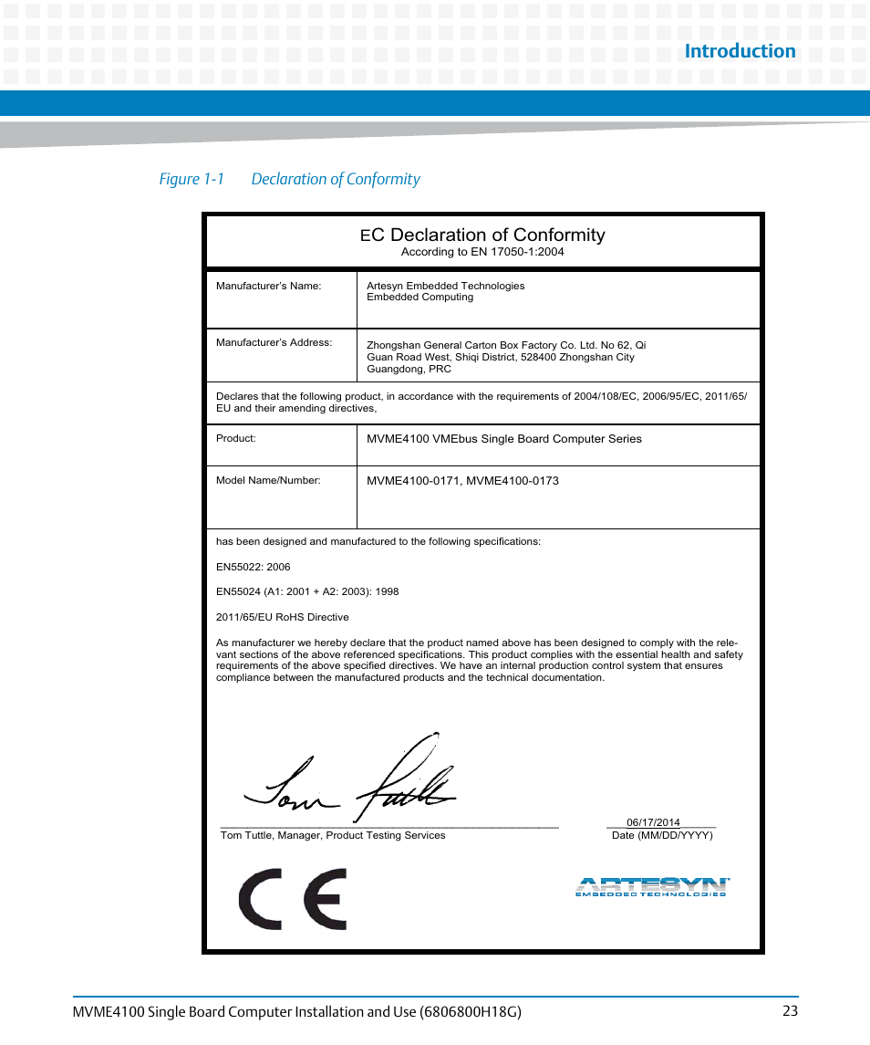 Figure 1-1, Declaration of conformity, Introduction | C declaration of conformity, Figure 1-1 declaration of conformity | Artesyn MVME4100 Single Board Computer Installation and Use (June 2014) User Manual | Page 23 / 136
