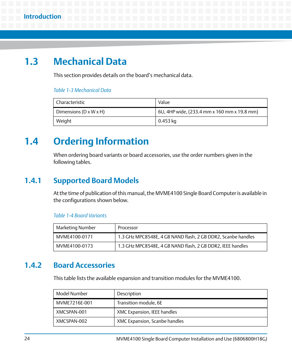 3 mechanical data, 4 ordering information, 1 supported board models | 2 board accessories, 3 mechanical data 1.4 ordering information, 1 supported board models 1.4.2 board accessories, Table 1-3, Mechanical data, Table 1-4, Board variants | Artesyn MVME4100 Single Board Computer Installation and Use (June 2014) User Manual | Page 24 / 136