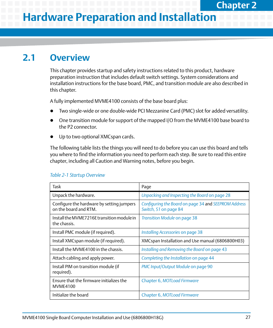 Hardware preparation and installation, 1 overview, Table 2-1 | Startup overview, Chapter 2, hardware preparation and installation, Chapter 2 | Artesyn MVME4100 Single Board Computer Installation and Use (June 2014) User Manual | Page 27 / 136