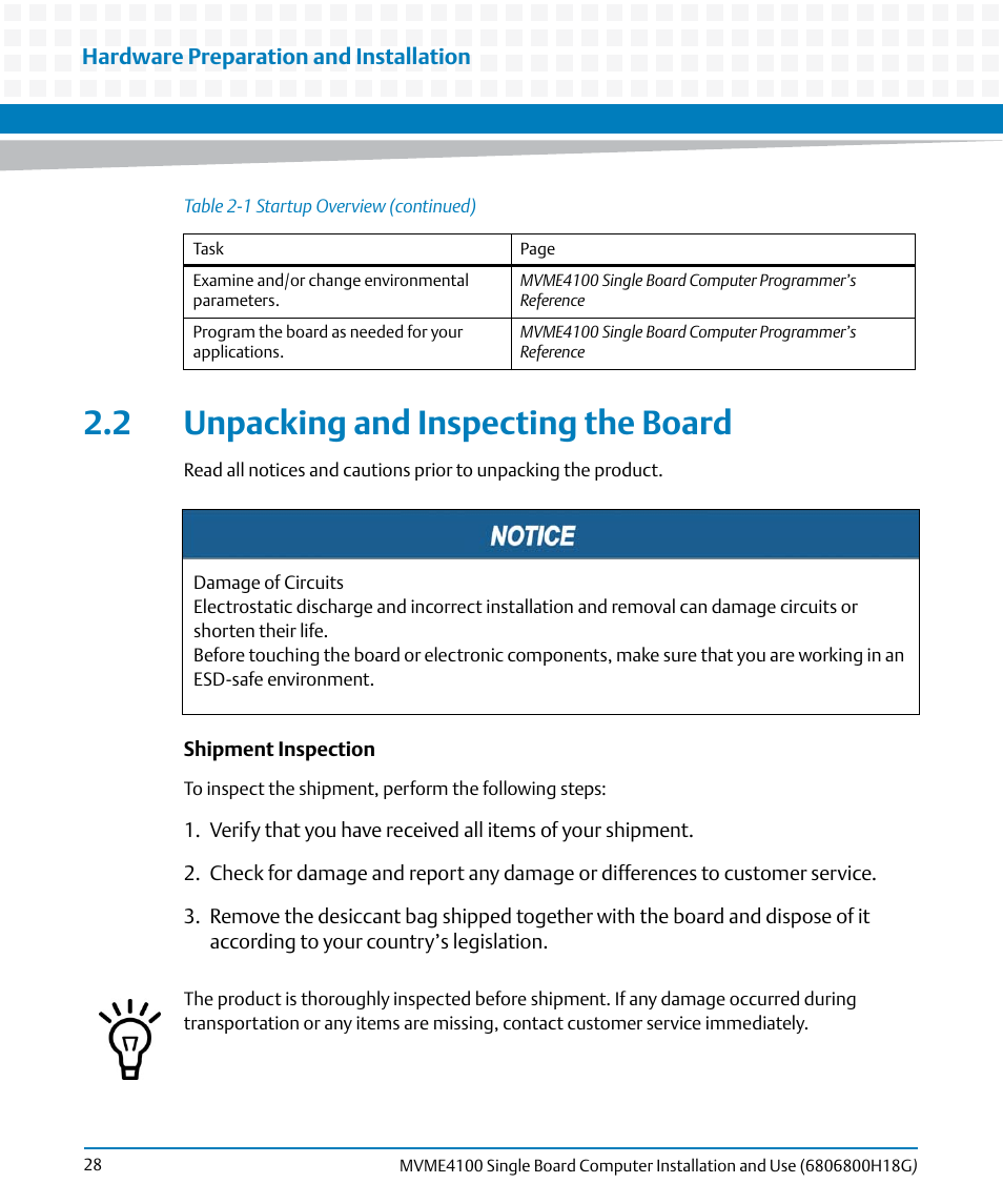 2 unpacking and inspecting the board, Unpacking and inspecting the board | Artesyn MVME4100 Single Board Computer Installation and Use (June 2014) User Manual | Page 28 / 136