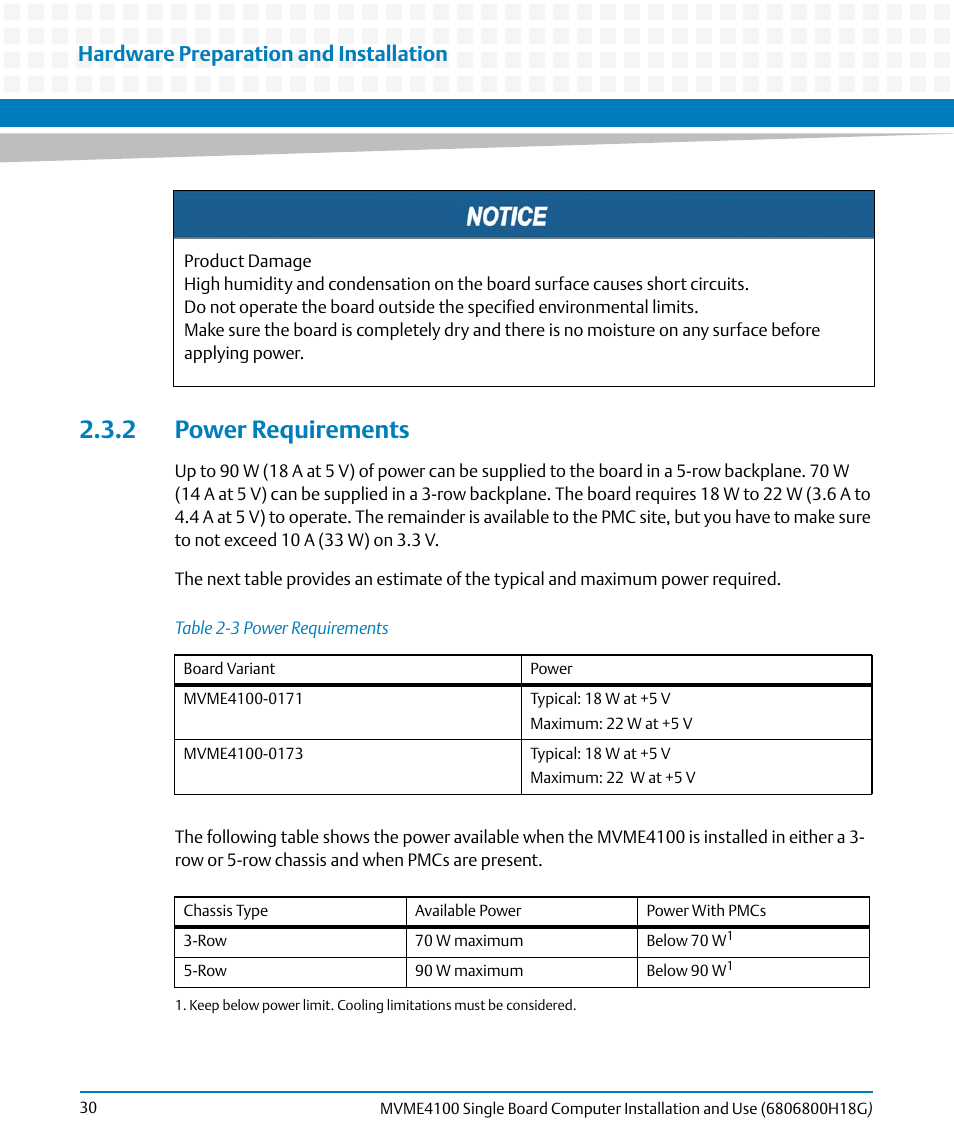 2 power requirements, Table 2-3, Power requirements | Hardware preparation and installation | Artesyn MVME4100 Single Board Computer Installation and Use (June 2014) User Manual | Page 30 / 136