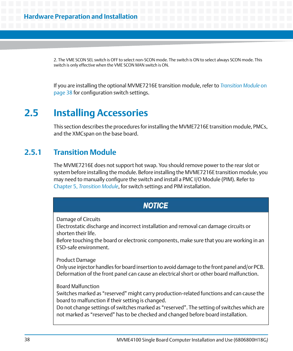 5 installing accessories, 1 transition module, Transition module | Installing accessories | Artesyn MVME4100 Single Board Computer Installation and Use (June 2014) User Manual | Page 38 / 136