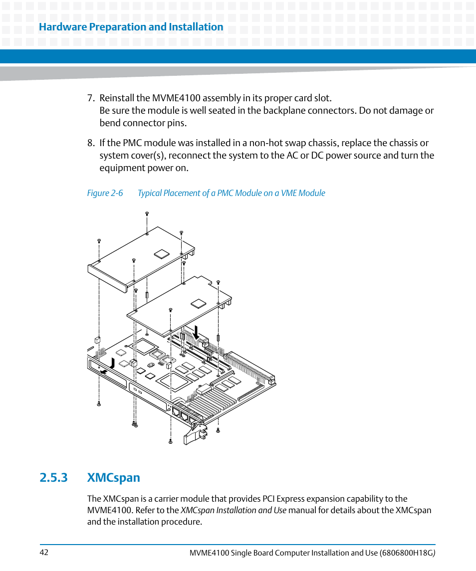 3 xmcspan, Figure 2-6, Typical placement of a pmc module on a vme module | Artesyn MVME4100 Single Board Computer Installation and Use (June 2014) User Manual | Page 42 / 136