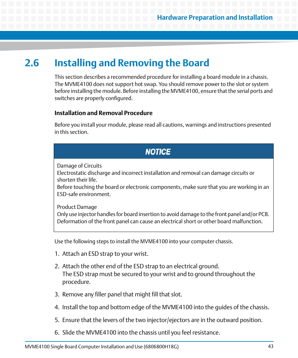 6 installing and removing the board, Installing and removing the board | Artesyn MVME4100 Single Board Computer Installation and Use (June 2014) User Manual | Page 43 / 136
