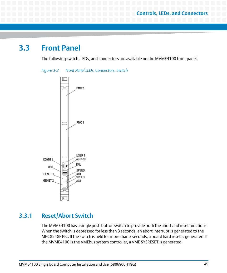 3 front panel, 1 reset/abort switch, Figure 3-2 | Front panel leds, connectors, switch | Artesyn MVME4100 Single Board Computer Installation and Use (June 2014) User Manual | Page 49 / 136