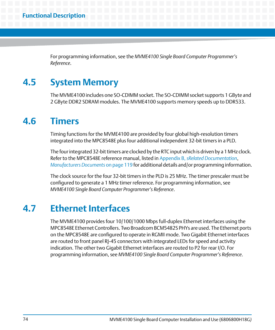 5 system memory, 6 timers, 7 ethernet interfaces | 5 system memory 4.6 timers 4.7 ethernet interfaces | Artesyn MVME4100 Single Board Computer Installation and Use (June 2014) User Manual | Page 74 / 136
