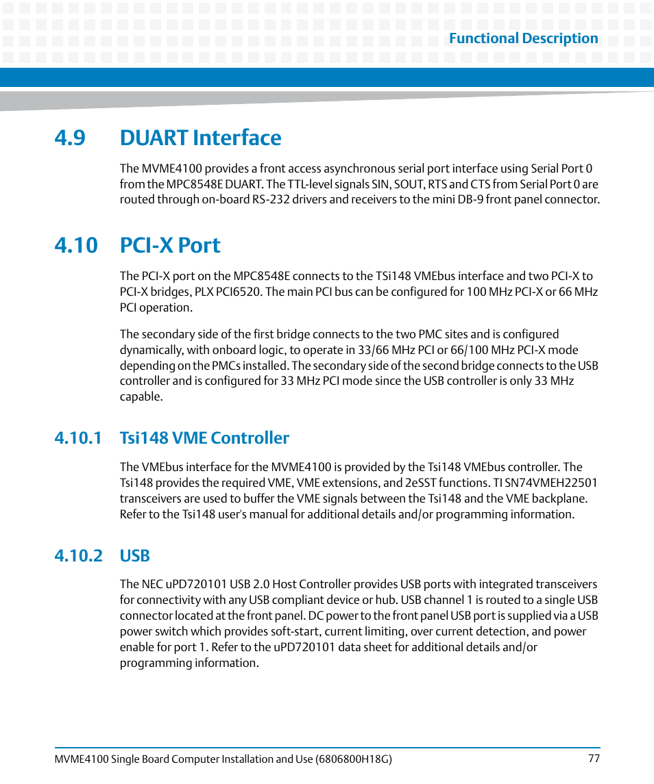 9 duart interface, 10 pci-x port, 1 tsi148 vme controller | 2 usb, 9 duart interface 4.10 pci-x port, 1 tsi148 vme controller 4.10.2 usb | Artesyn MVME4100 Single Board Computer Installation and Use (June 2014) User Manual | Page 77 / 136