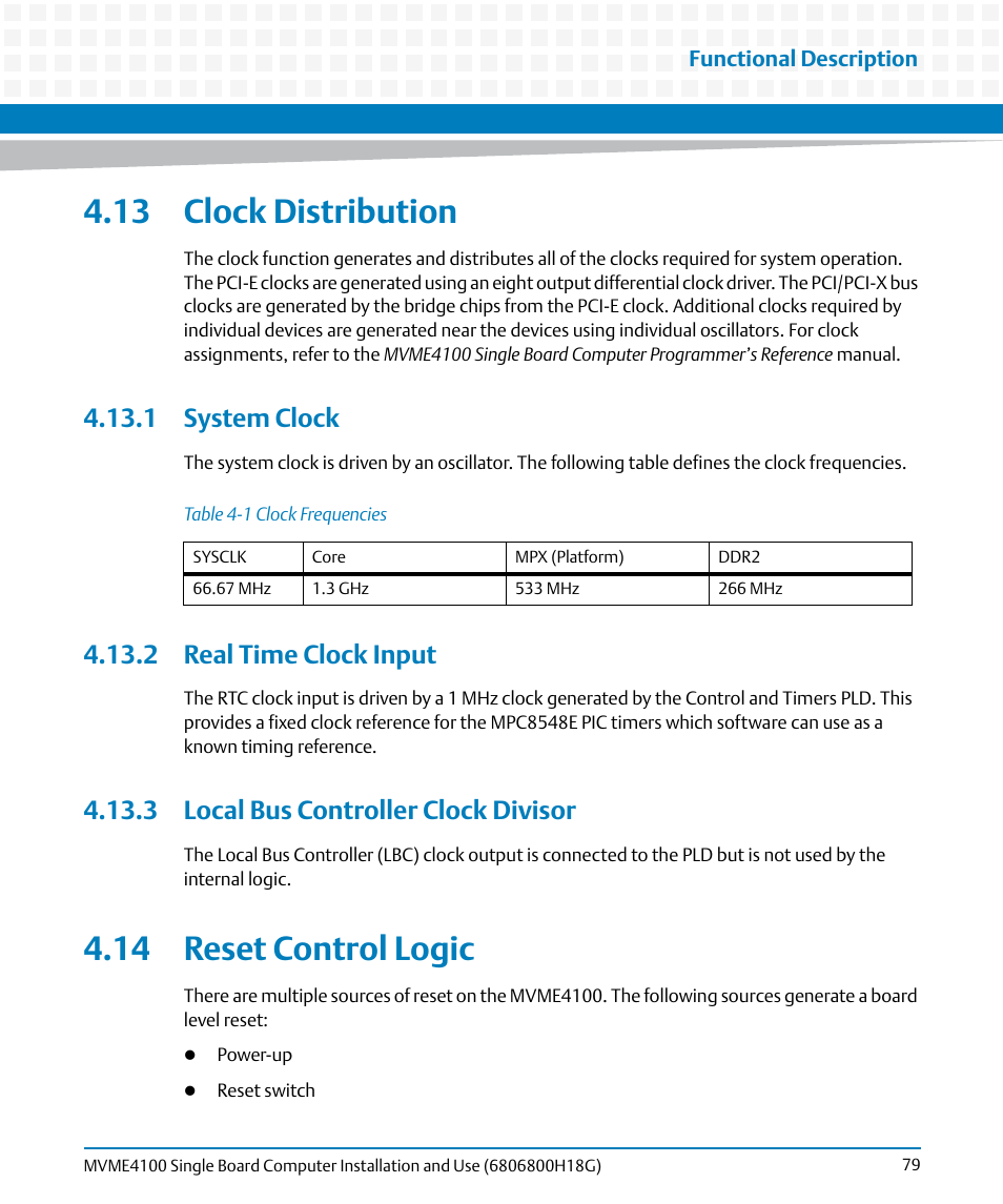 13 clock distribution, 1 system clock, 2 real time clock input | 3 local bus controller clock divisor, 14 reset control logic, Table 4-1, Clock frequencies | Artesyn MVME4100 Single Board Computer Installation and Use (June 2014) User Manual | Page 79 / 136