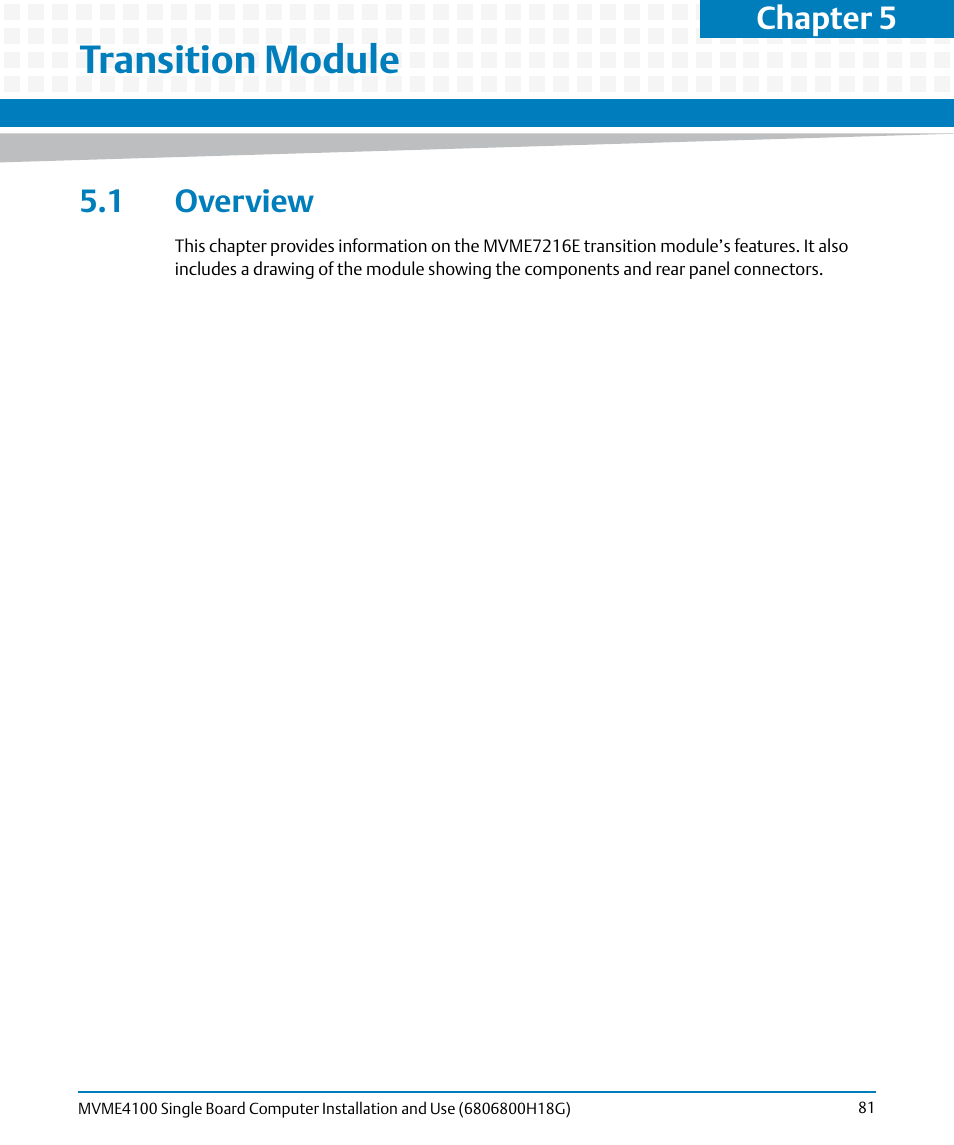 Transition module, 1 overview, Chapter 5, transition module | Chapter 5 | Artesyn MVME4100 Single Board Computer Installation and Use (June 2014) User Manual | Page 81 / 136