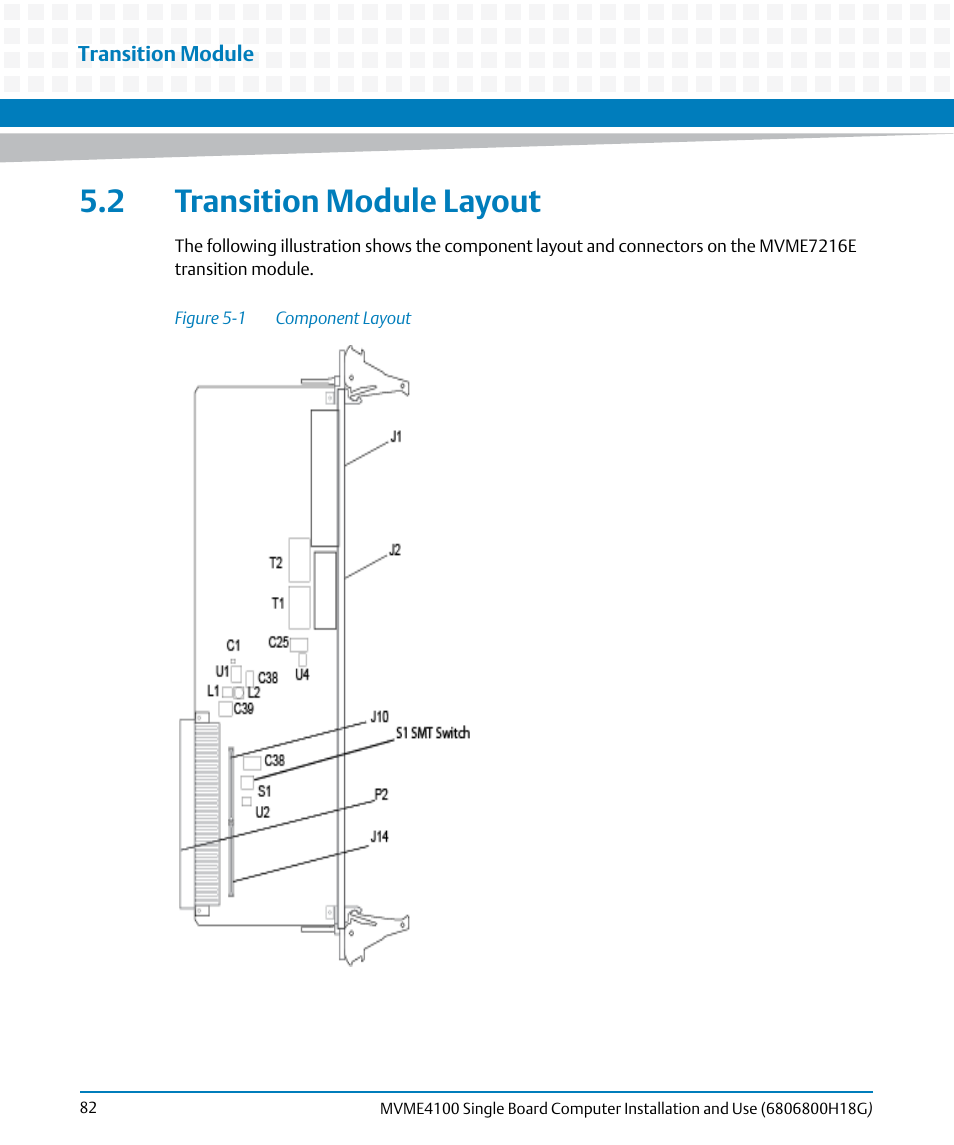 2 transition module layout, Figure 5-1, Component layout | Artesyn MVME4100 Single Board Computer Installation and Use (June 2014) User Manual | Page 82 / 136