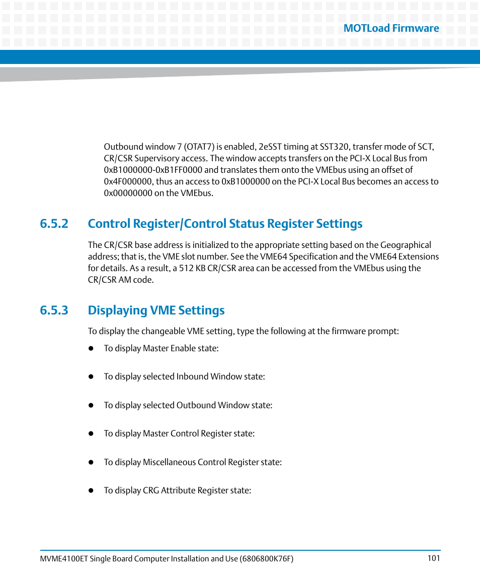 3 displaying vme settings, Motload firmware | Artesyn MVME4100ET Single Board Computer Installation and Use (June 2014) User Manual | Page 101 / 132