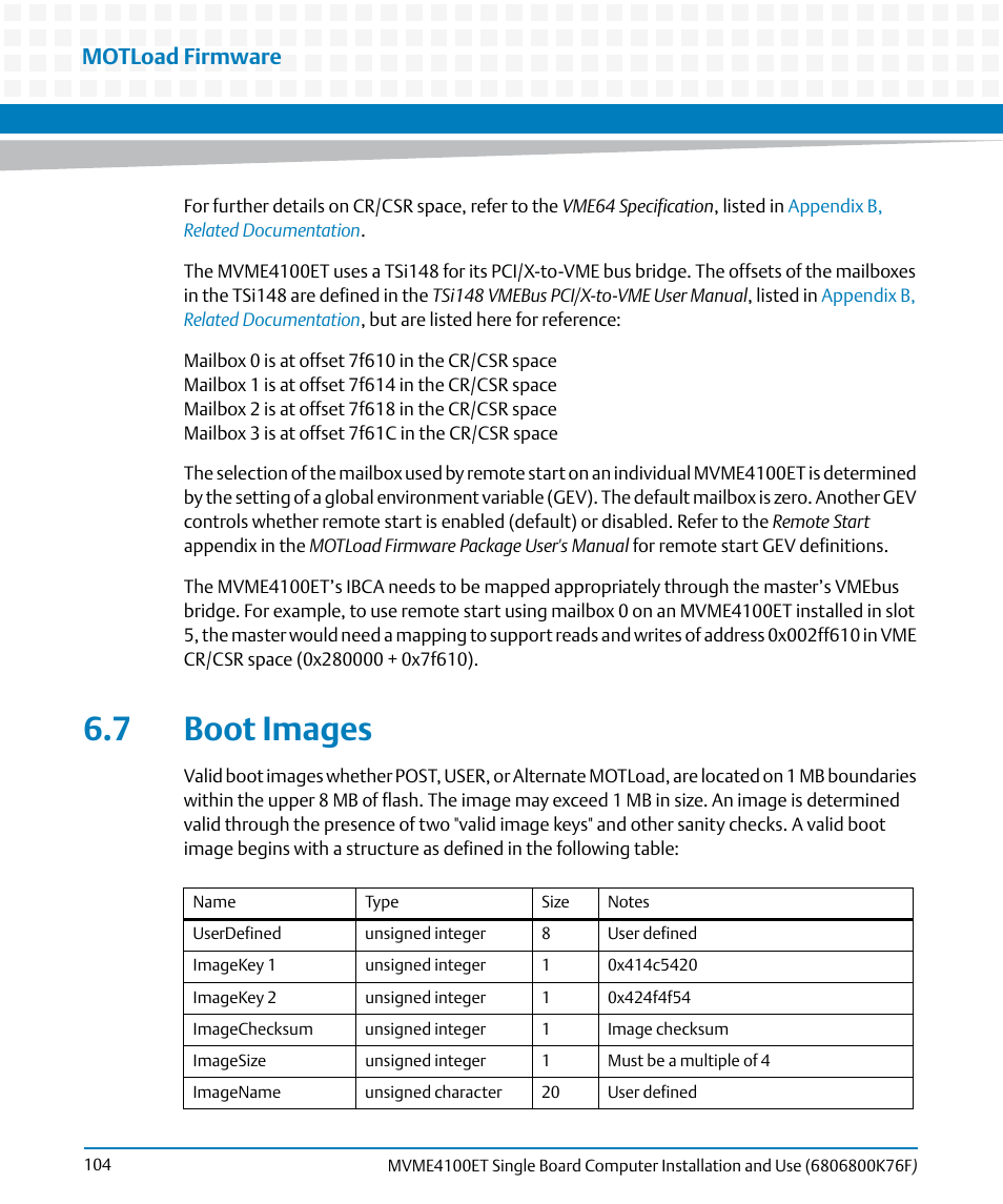 7 boot images, Motload firmware | Artesyn MVME4100ET Single Board Computer Installation and Use (June 2014) User Manual | Page 104 / 132