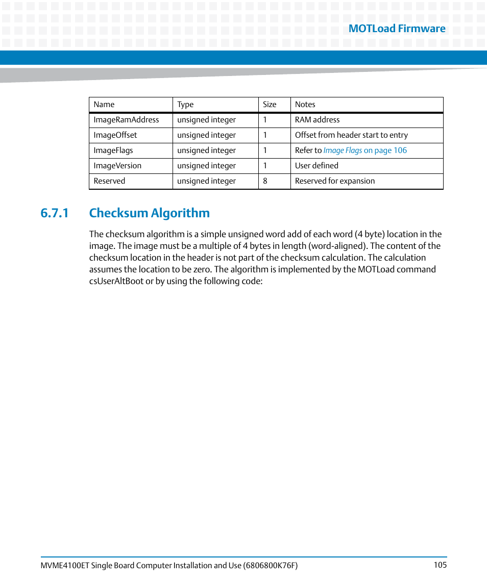 1 checksum algorithm, Motload firmware | Artesyn MVME4100ET Single Board Computer Installation and Use (June 2014) User Manual | Page 105 / 132